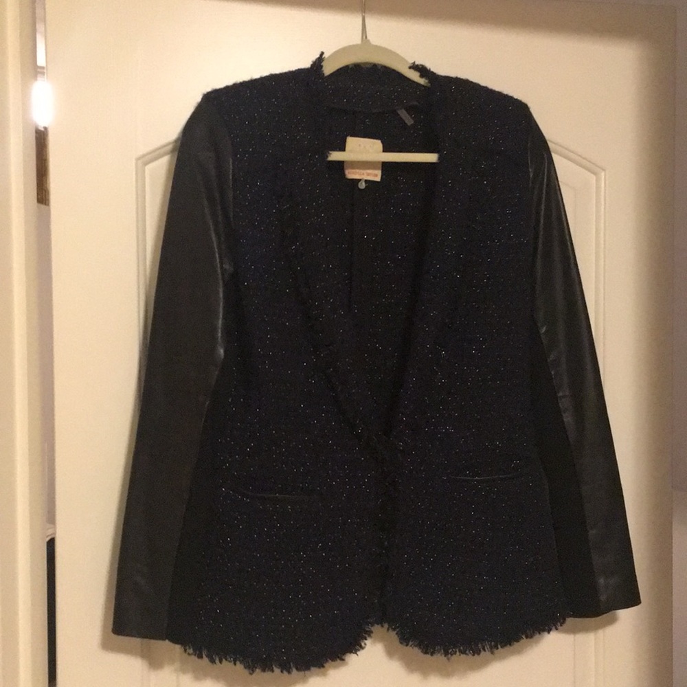 Rebecca Taylor Navy Blazer Faux Leather Sleeves
